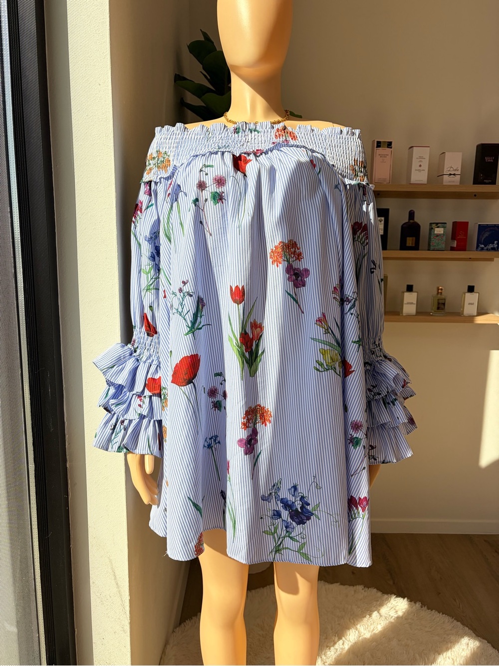 Gracia Blue Striped Floral Off-Shoulder Mini Skirt